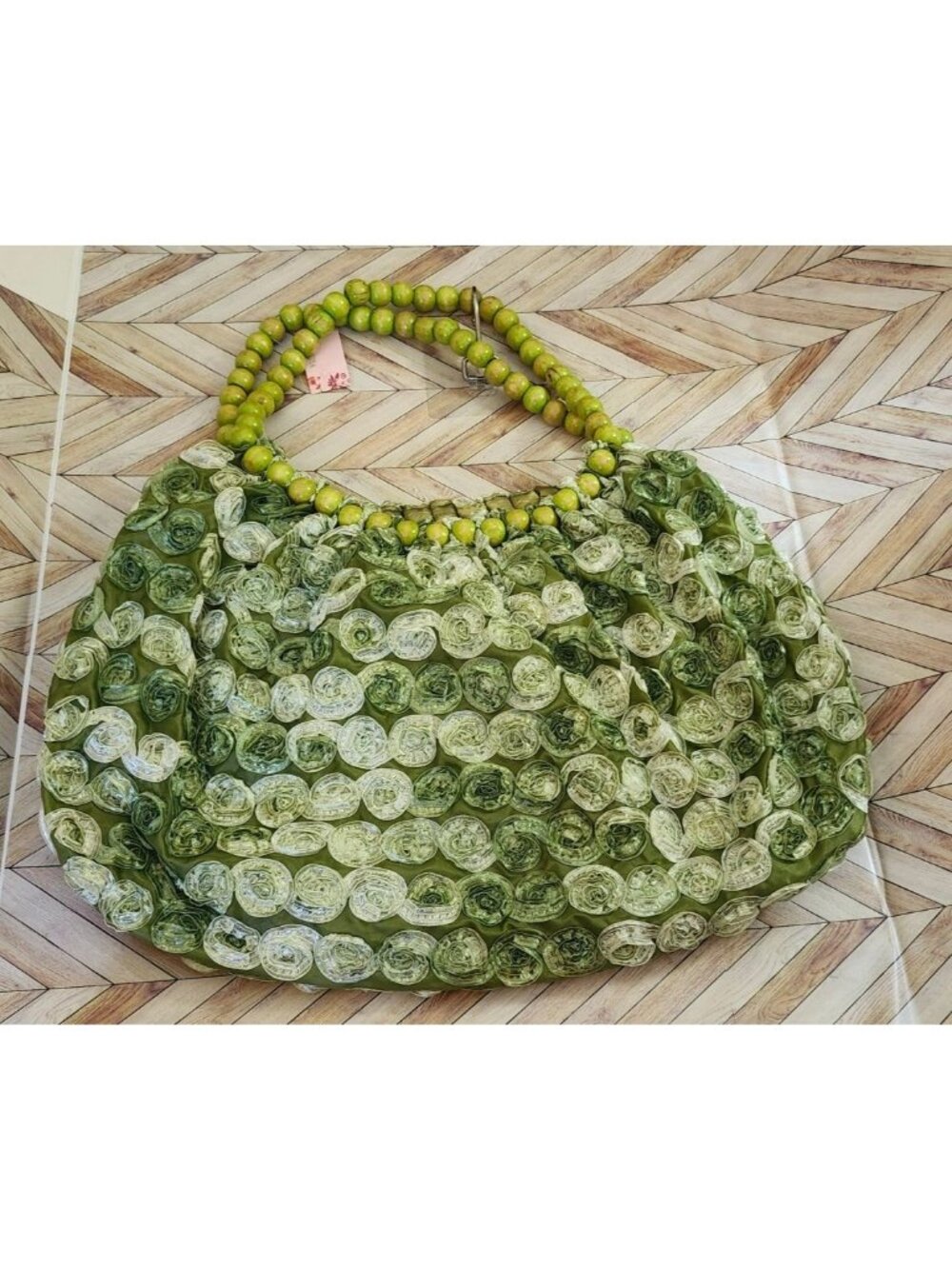 New Women Primavera Green Ribbon Rosette Flower Beaded Shoulder Bag